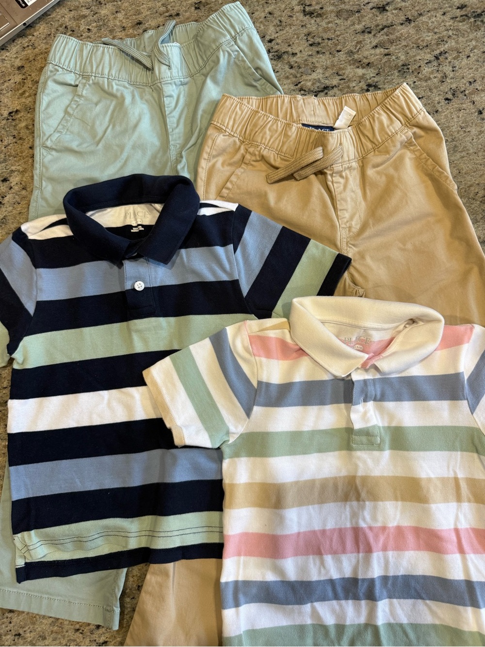 The Children’s Place - Striped Polos (2) & Pull-on Drawstring cotton pants (2)